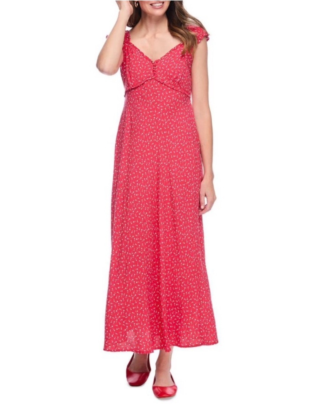 George Coral-Red Floral Maxi Dress with Cap Sleeves